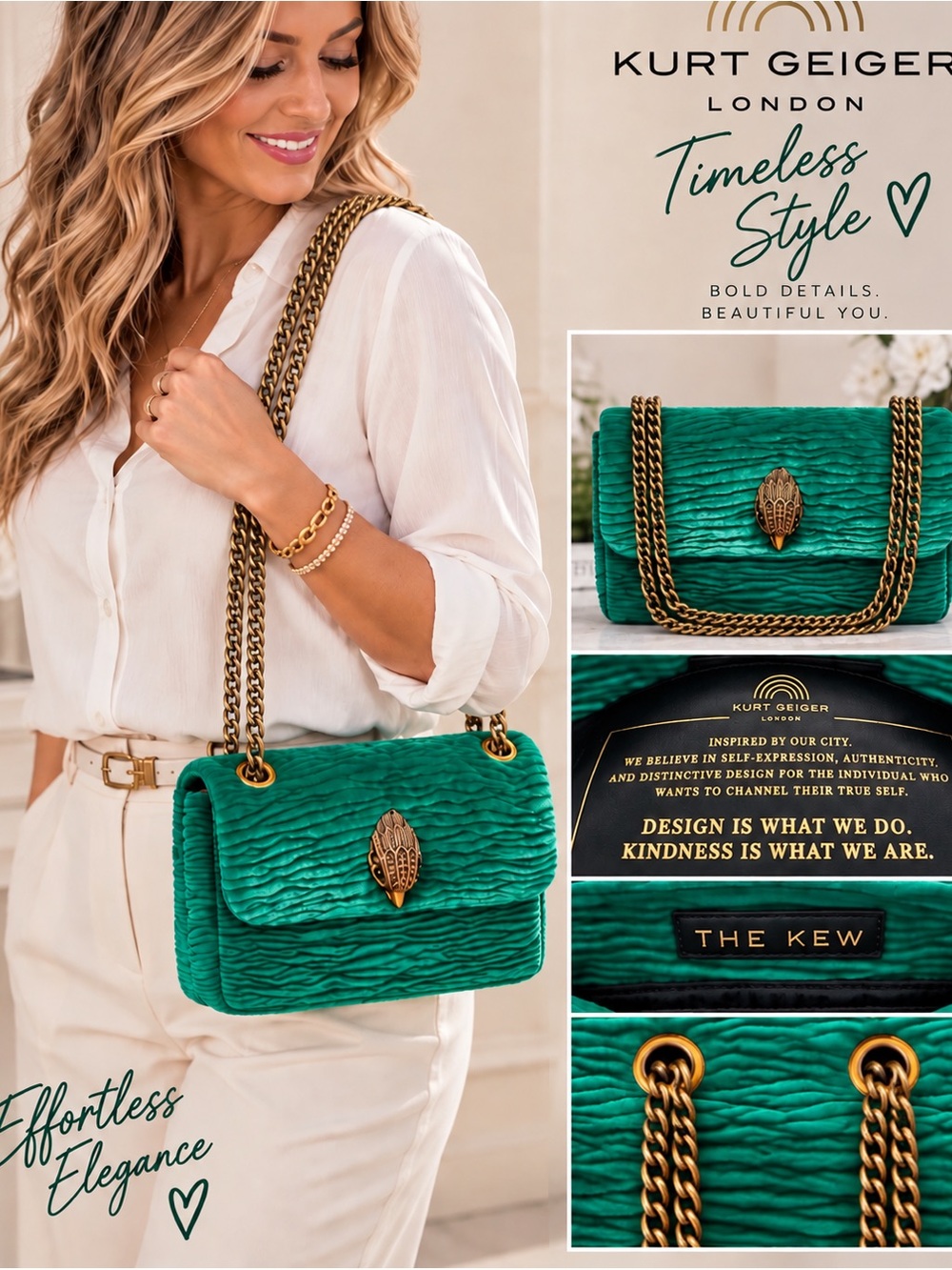 Kurt Geiger Emerald Green Bag with Gold Chain comes with Dust Bag